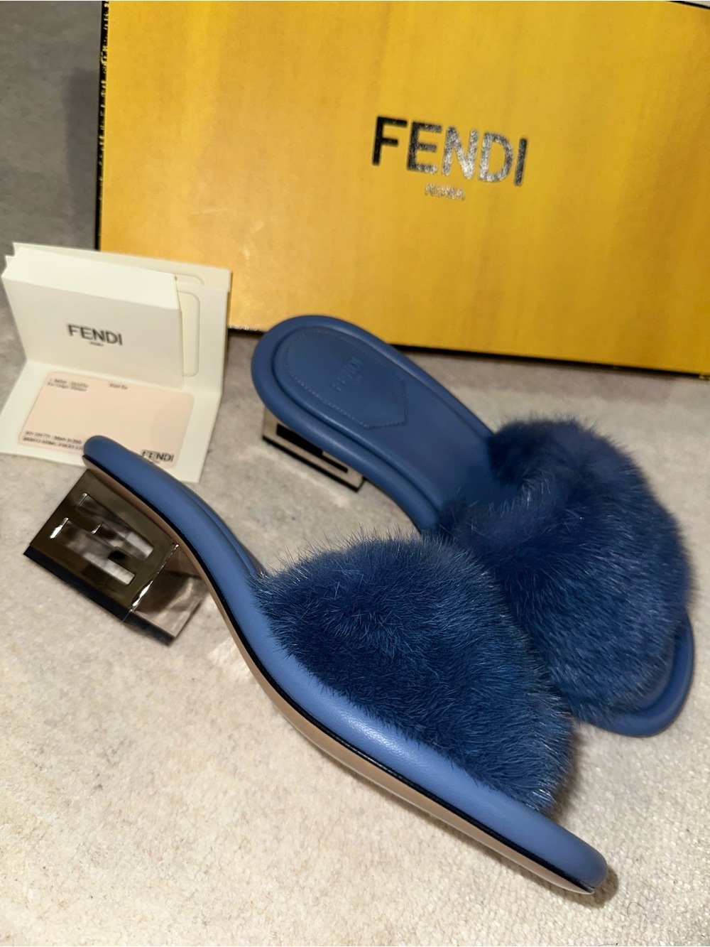 Fendi Blue Fur Slide Mules with Metallic Heel